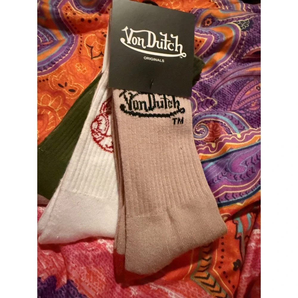 Von Dutch Originals 3 Pack Crew Socks Multi Color Logo Winged Eyeball New